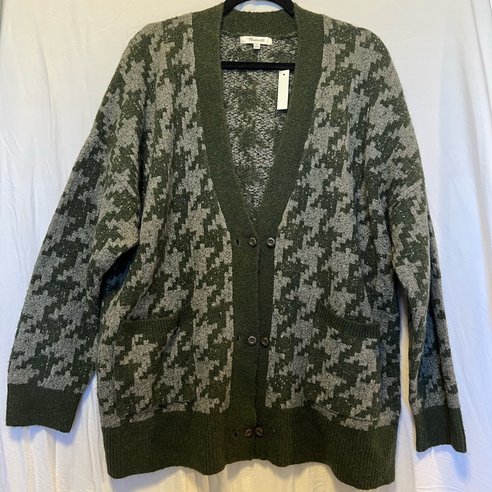 Madewell Green and Gray Houndstooth Button Cardigan